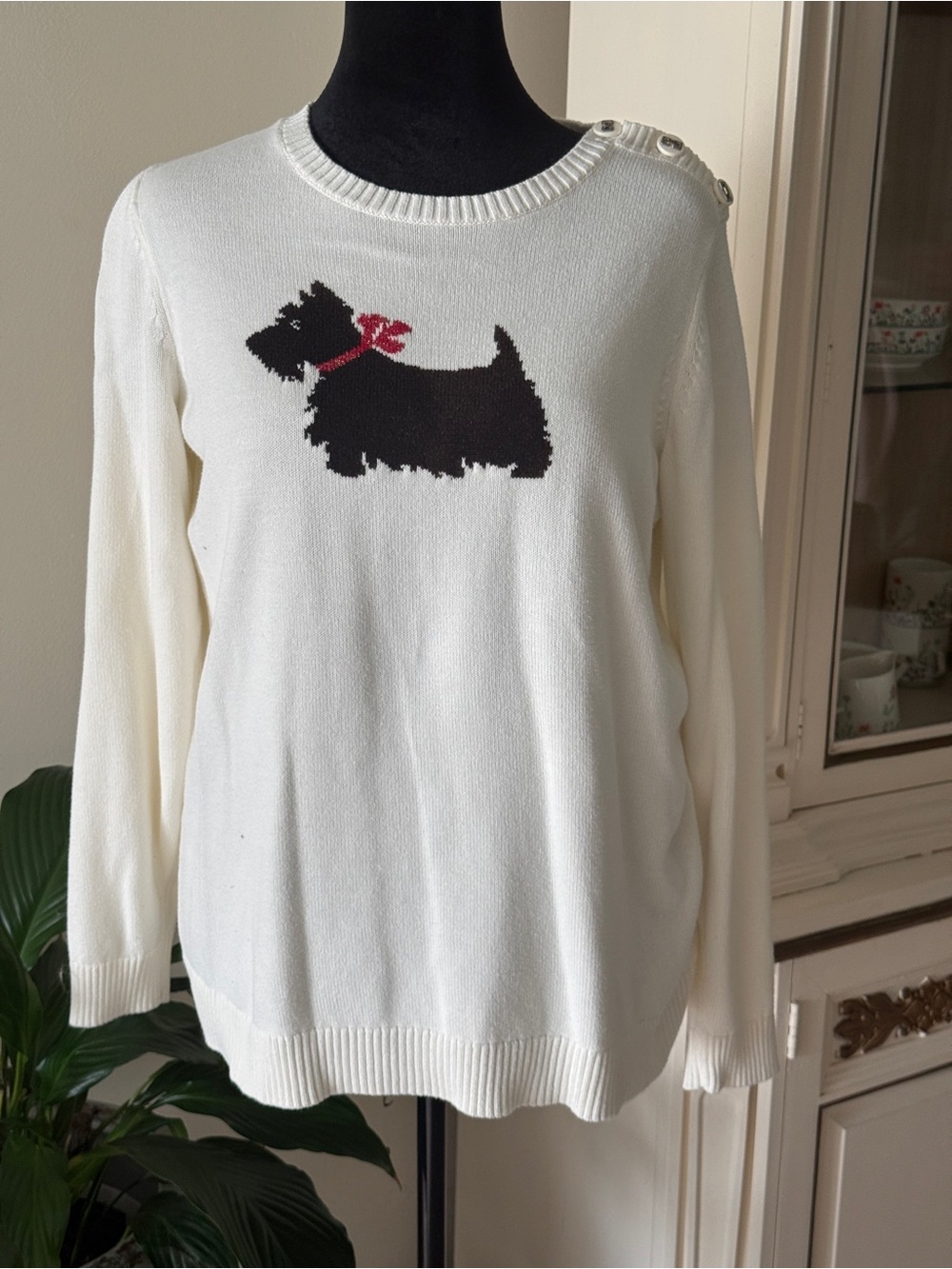 Charter Club Ivory Crewneck Sweater with Black Scottie and Red Bow